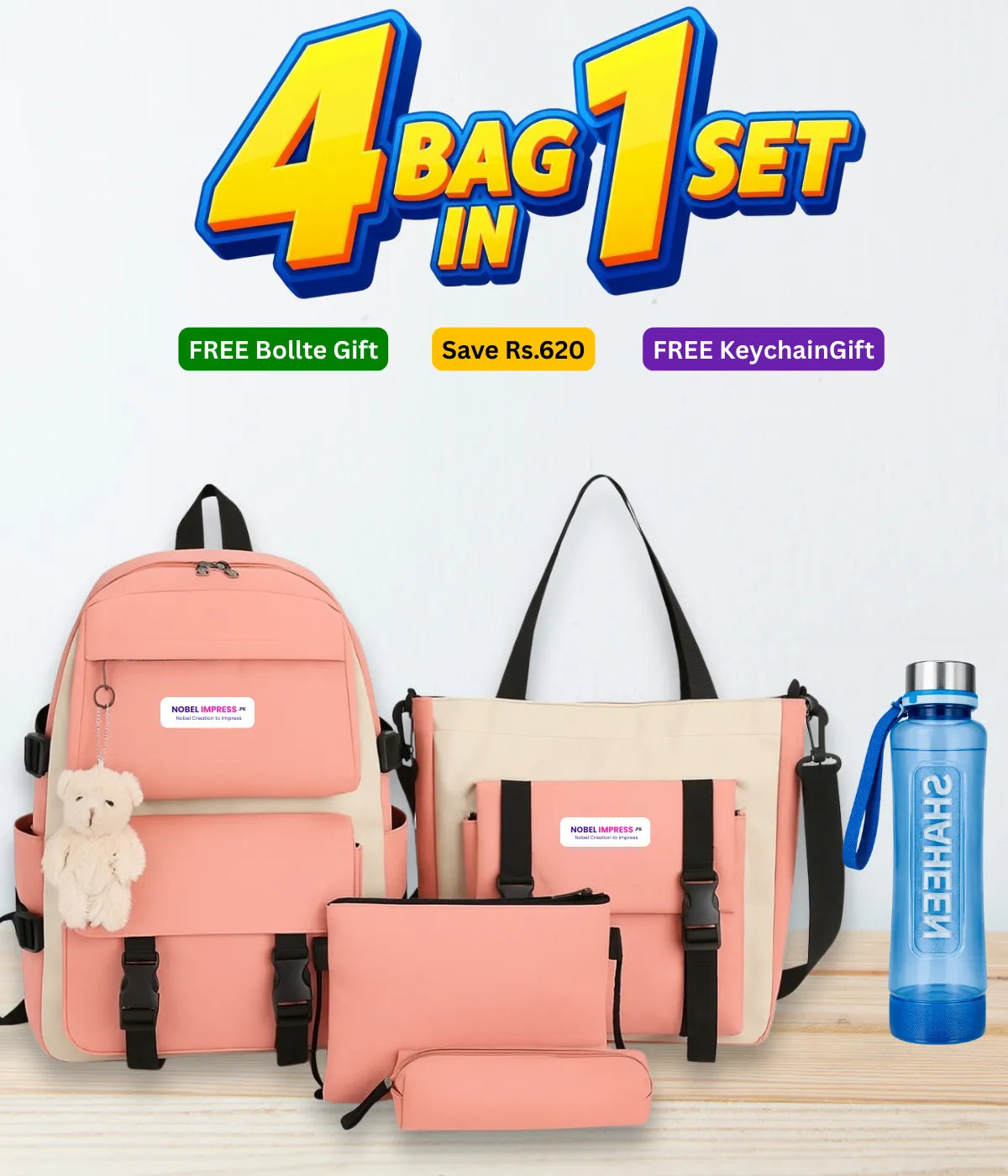 4 Pcs Bag Set for Girls in Pakistan | School, College & University Bag