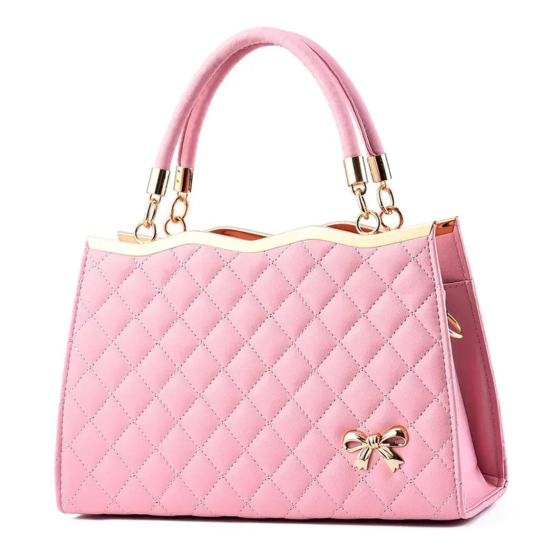 Elegant Quilted Red Top-Handle Handbag with Gold Bow Accent