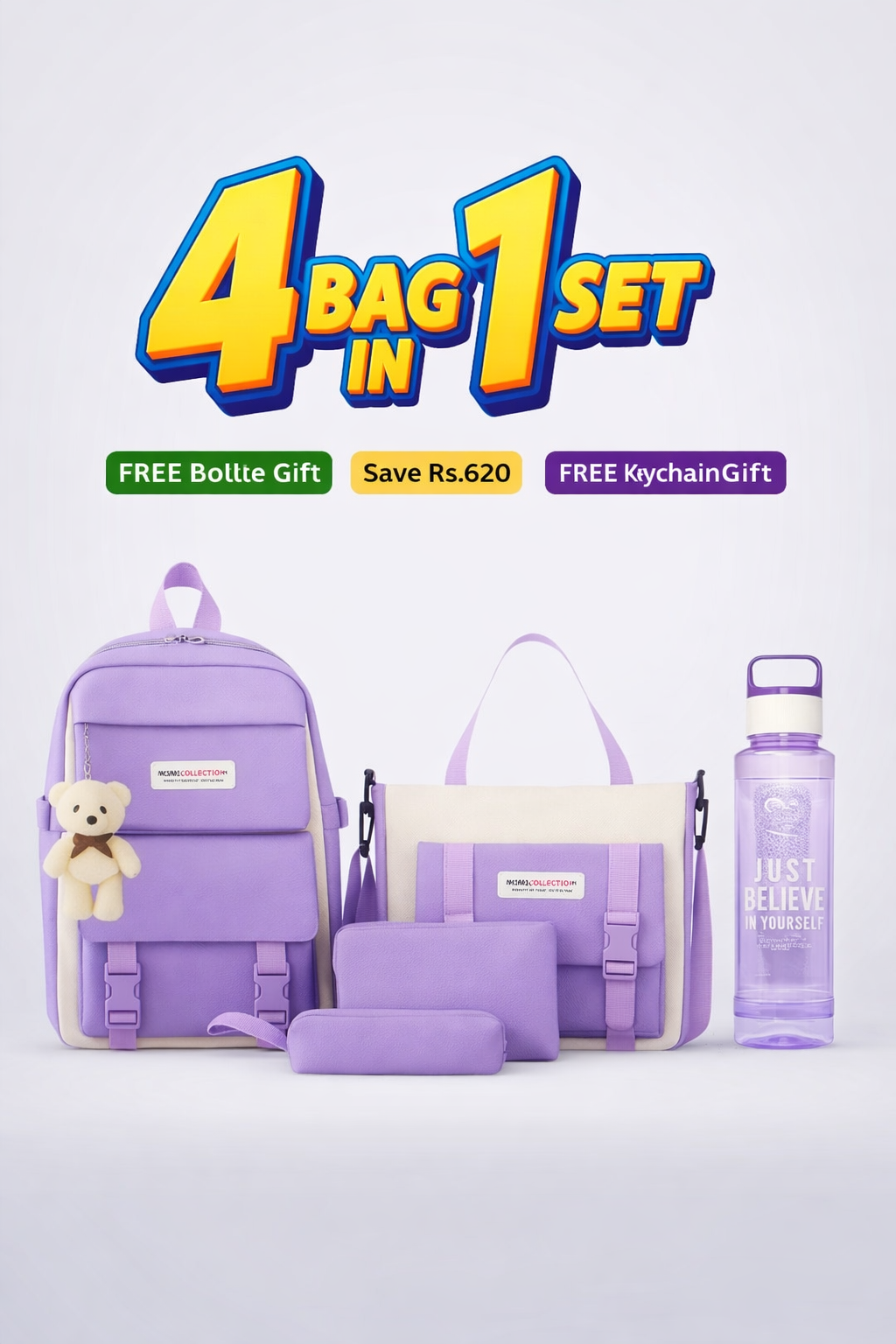 4 Pcs Bag Set for Girls in Pakistan | School, College & University Bag