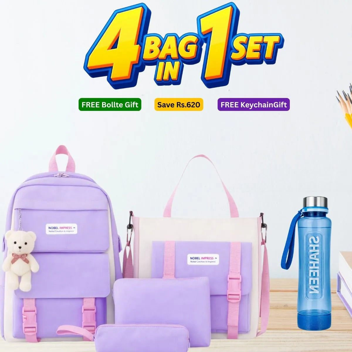 4 Pcs Bag Set for Girls in Pakistan | School, College & University Bag