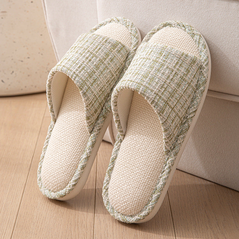 New Japanese Linen Chanel Style Slippers for Couple Spring and Autumn Indoor Mute Anti-slip Japanese Cotton and Linen Slippers for Women Spring and Summer