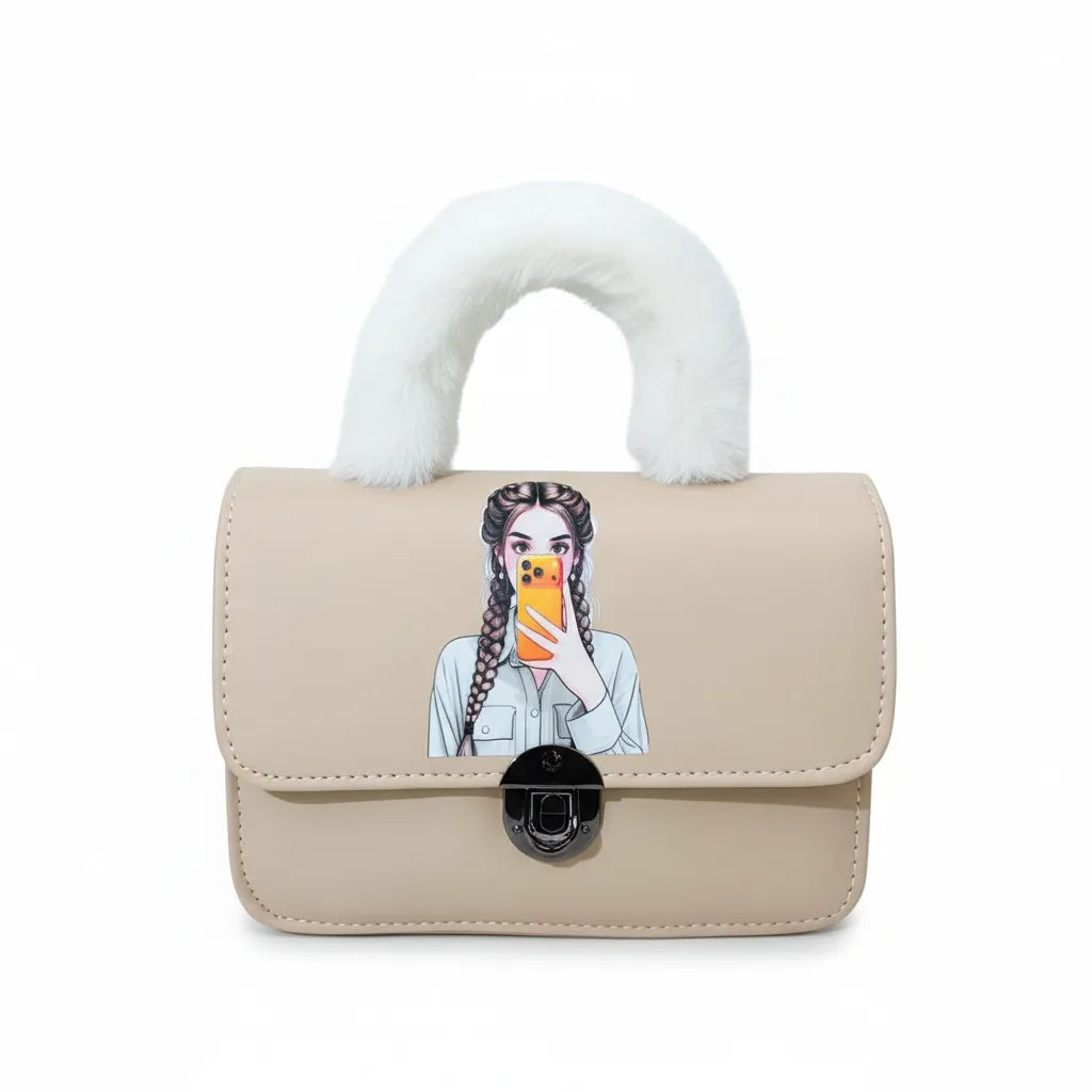 Brown Faux Leather Handbag with Fur Handle and Cartoon Girl Print