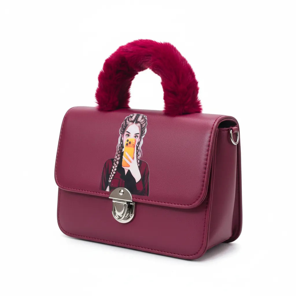 Brown Faux Leather Handbag with Fur Handle and Cartoon Girl Print