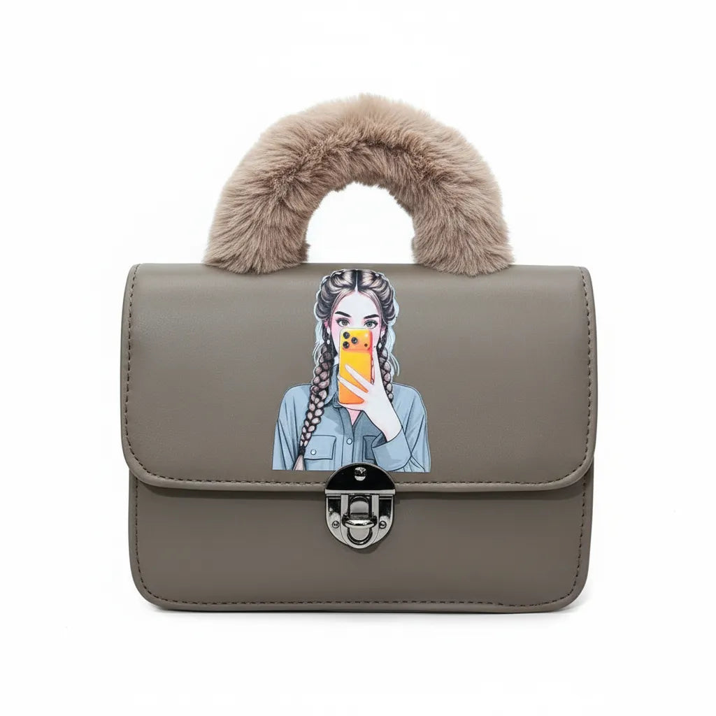 Brown Faux Leather Handbag with Fur Handle and Cartoon Girl Print