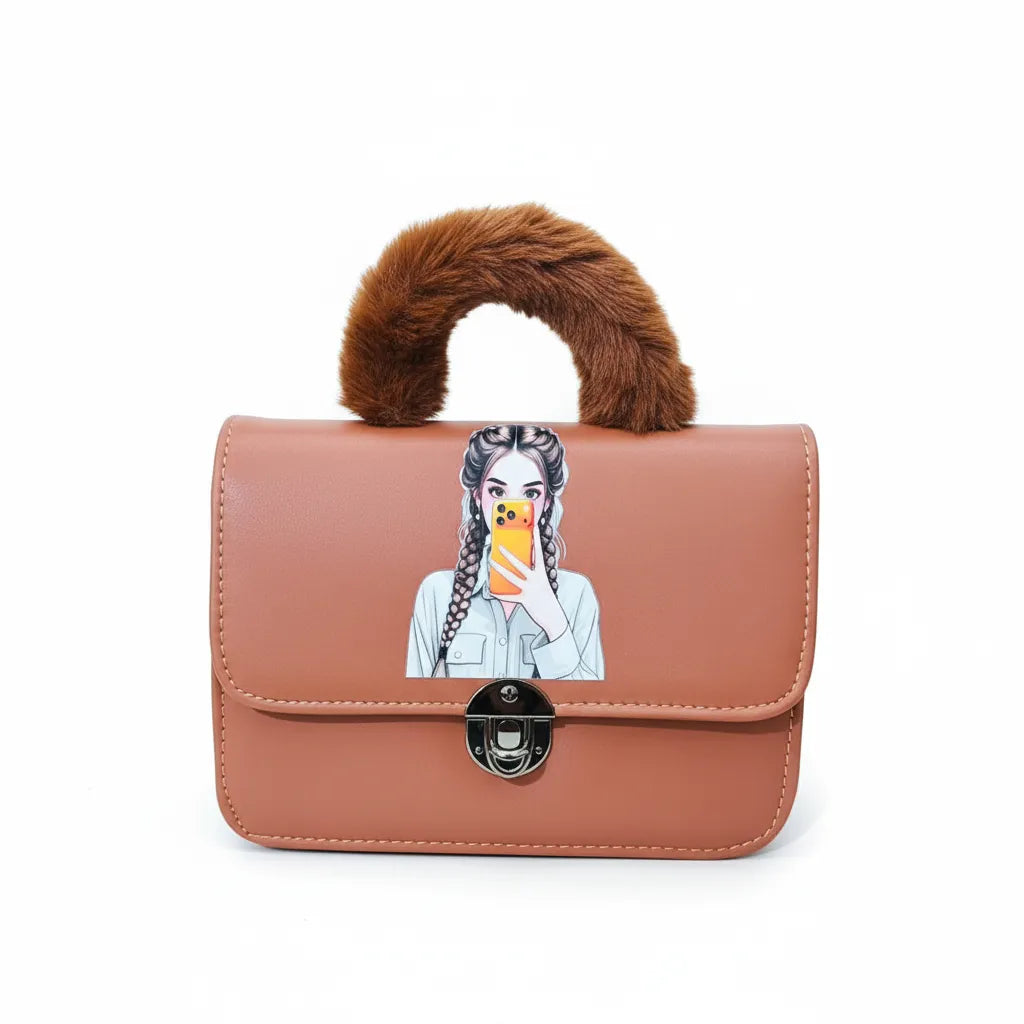 Brown Faux Leather Handbag with Fur Handle and Cartoon Girl Print