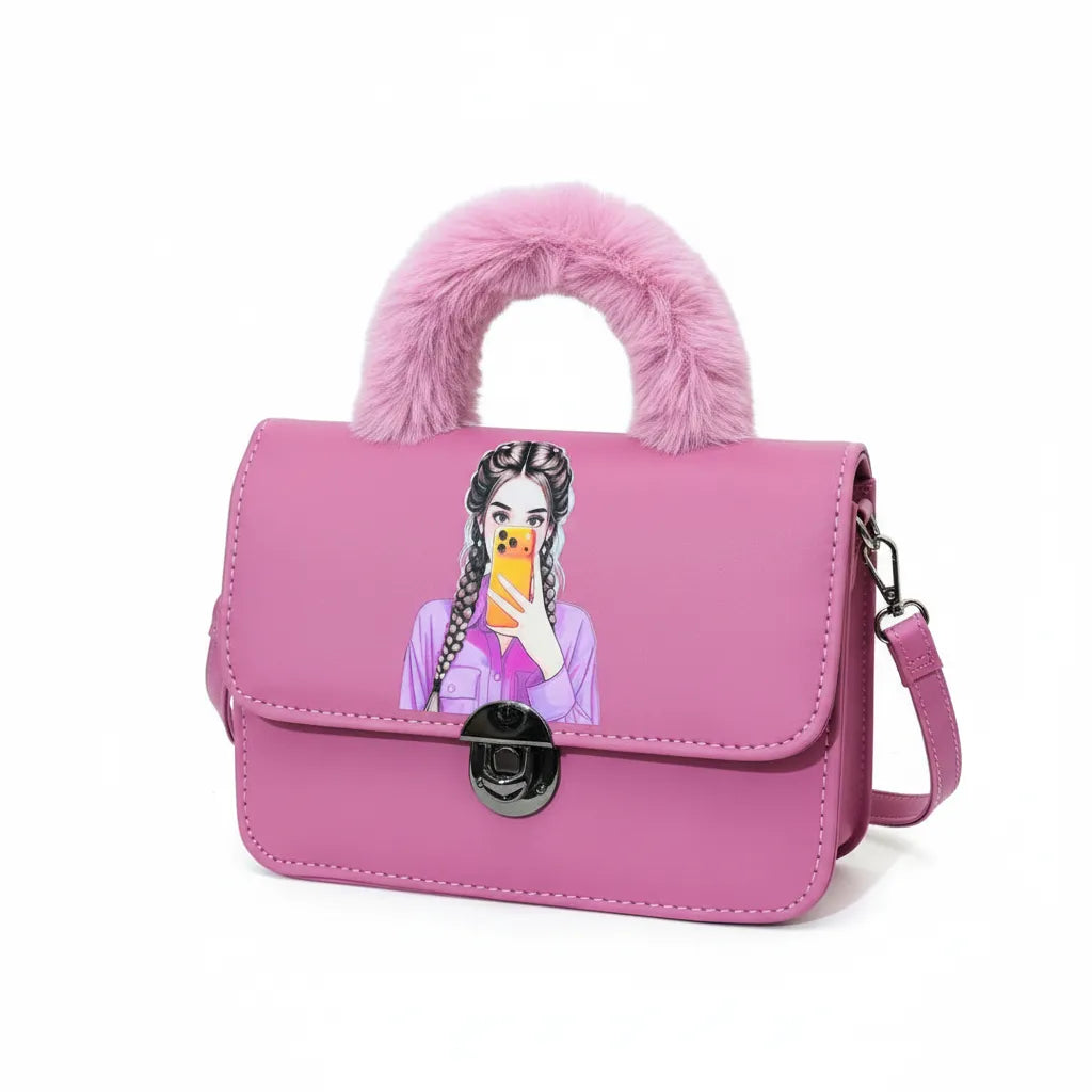 Brown Faux Leather Handbag with Fur Handle and Cartoon Girl Print