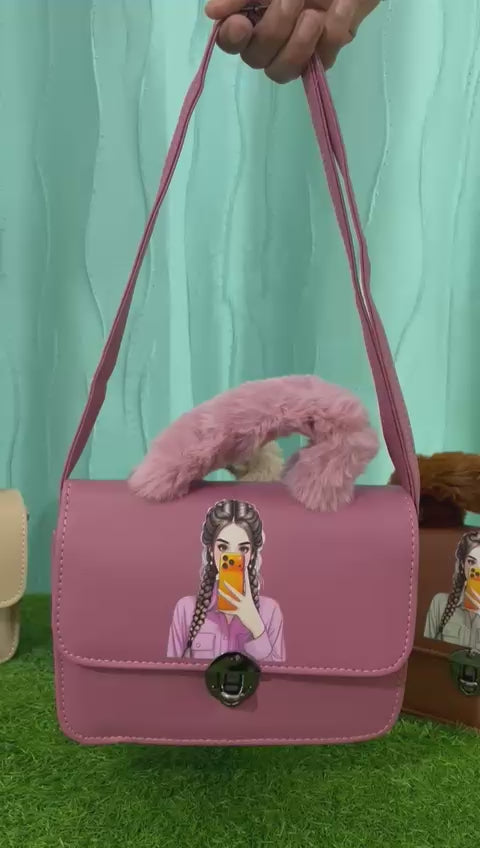 Brown Faux Leather Handbag with Fur Handle and Cartoon Girl Print